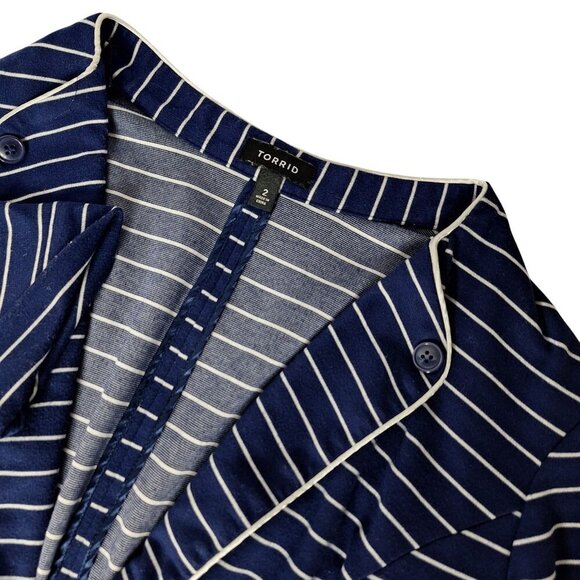 Torrid Womens Ponte Knit Blazer Navy White Striped with Piping Size 2 Business - Picture 1 of 6